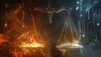 Foto op Canvas A conceptual image of the scales of justice with one side frozen and the other ablaze, symbolizing balance and extremes.. © kept