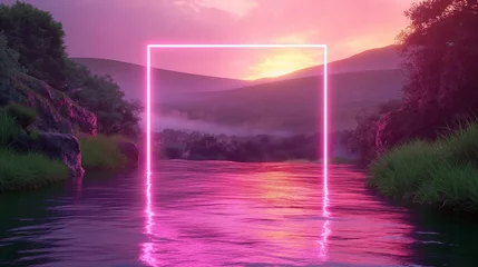 Cercles muraux Rose clair Image of landscape framed by a neon pink rectangle, vibrant glow reflecting on the tranquil waters.