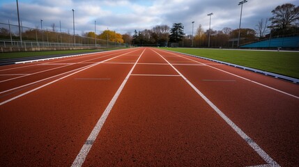 Image of an empty red running track with white lane markings, surrounded by trees and a cloudy sky.