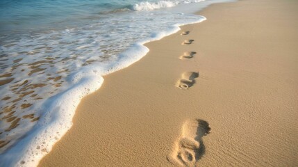A line of human footprints leads across a sandy beach, disappearing into the gentle foam of an advancing ocean wave.