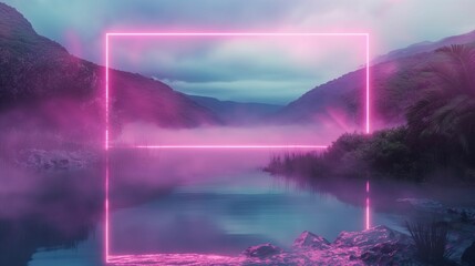 Image of landscape framed by a neon pink rectangle, vibrant glow reflecting on the tranquil waters.
