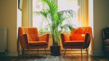 Vibrant orange armchairs paired with a lush green potted plant in a cozy interior setting..