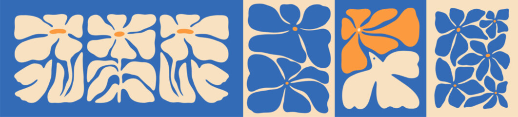 Retro flower illustration set. Vintage style hippie floral clipart element design collection. Hand drawn nature collage, spring season drawing bundle with daisy flowers.