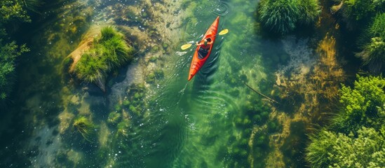 Solitary kayaker in serene stream, aerial view of tranquil summer outdoor adventure concept