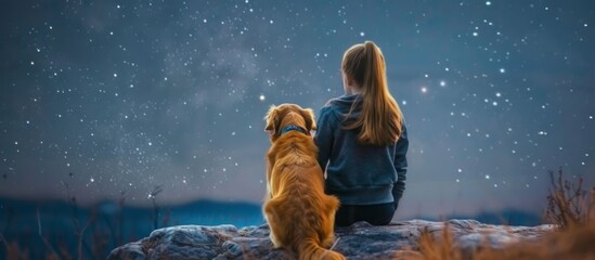 Girl and golden retriever on mountain cliff, gazing at starry night sky in peaceful moment