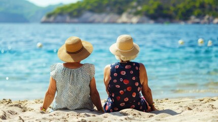 Two Elderly women in straw hats sitting together on seaside sand, summer travel concept