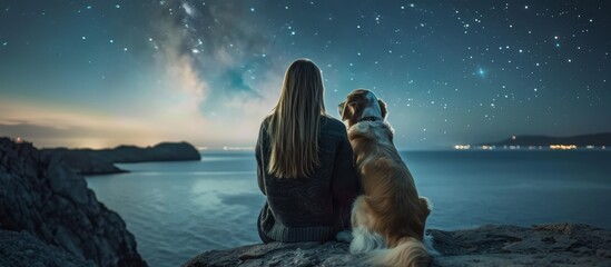 Young woman and golden retriever gazing at starry sky on coastal night, sitting together by the sea