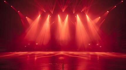 Rock concert stage light background with spotlight illuminated the stage for night music festival. Performance event stage. Empty stage with dramatic red colors. Entertainment show. Rock concert stage