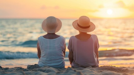 Senior women in straw hats sitting on beach at sunset, summer travel outdoor concept