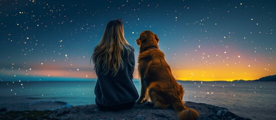 Woman and golden retriever admiring starry night sky by the sea coast, rear view relaxation