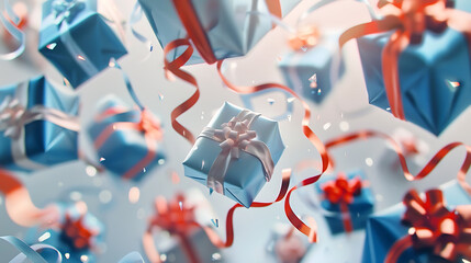 a delightful arrangement of gift boxes. Each box is wrapped in either glossy blue or white paper, adorned with decorative ribbons. - obrazy, fototapety, plakaty