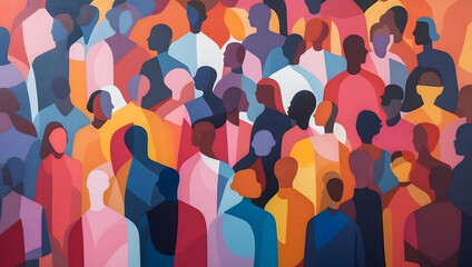 A painting of a diverse crowd of people. Diversity, equity, inclusion and belonging. DEI. Faceless crowd. Lost in the crowd. Abstract shapes