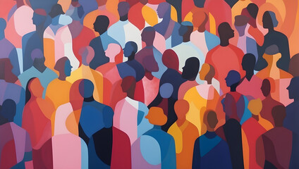 A painting of a diverse crowd of people. Diversity, equity, inclusion and belonging. DEI. Faceless crowd. Lost in the crowd. Abstract shapes