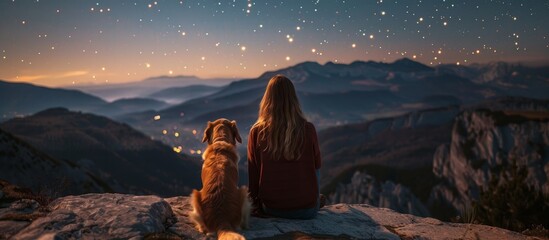 Girl and golden retriever stargazing on cliff edge in mountain wilderness under starry night sky