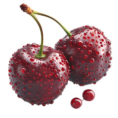  A detailed image of fresh cherries, their glossy red surface, perfectly ripe and juicy, isolated on a Transparent background, PNG Cutout