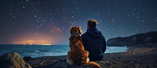Man and dog admire starry night by sea, traveler and golden retriever gaze at sky together