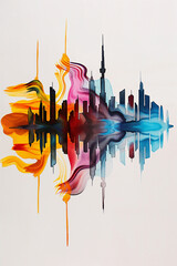 Dubai city skyline, Watercolor painting, Burj Khalifa, symbolic, landmarks, silhouette , muslim, commerce, business, expression