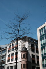 Sanierte Fassade eines Geschäftshaus mit restauriertem historischen Eckturm vor blauem Himmel im...
