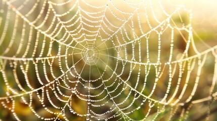 Glistening Dew Drops on Spiderweb in Sunlight