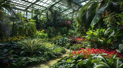 Fototapeta premium Lush Greenhouse Garden Full of Vibrant Tropical Plants