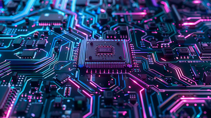 a close-up view of an electronic circuit board. The intricate pathways on the board are illuminated in mesmerizing blue and purple lights