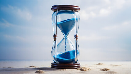 A minimalist, glass hourglass with blue sand running out, symbolizing the old year's end.