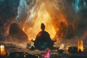 A captivating photograph of a person in meditation, surrounded by spiritual attributes like crystals or Tibetan singing bowls, portrayed in a dreamy style that conveys inner peace