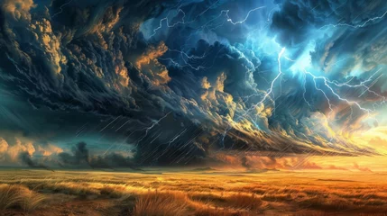 Foto op Plexiglas Dramatic Thunderstorm Over Golden Prairie Landscape © Oksana Smyshliaeva