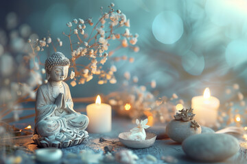 An evocative composition featuring spiritual attributes arranged in a harmonious display, with soft focus and gentle lighting adding to the dreamy, mystical ambiance. - obrazy, fototapety, plakaty