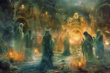 A mystical image depicting a sacred ritual or ceremony, with participants adorned in symbolic attire and surrounded by spiritual attributes, all rendered in a dreamy, otherworldly