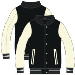 Unisex Varsity Jacket Front and back view. Fashion illustration, vector, CAD, technical drawing, blueprint with colors and colors in combination, patchwork.