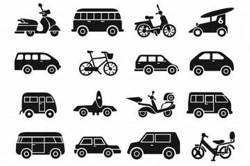 Transport icon set. Containing car, bike, plane, train, bicycle, motorbike, bus and scooter icons. Solid icon collection. vector icon, white background, black colour icon