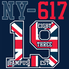 Numbers and letters with English flag textures, college or vintage varsity style, avant-garde university.