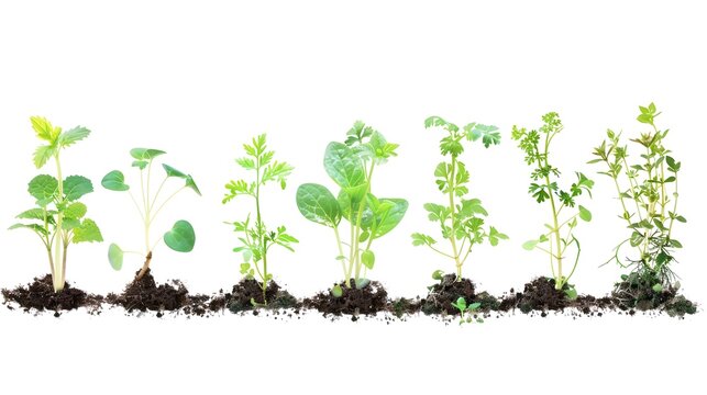 set of Young plants growing in soil humus . Isolated on a white background. 