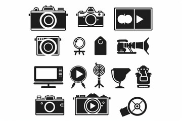 Video icon set. Containing camera, play, pause, media, online video, live, production, player, movie and cinema icons. Solid icon collection. vector icon, white background, black colour icon