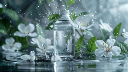 A bottle of water is sitting in a puddle of water with flowers surrounding it