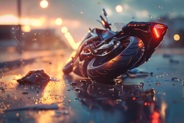 Road accident involving a motorcycle on the road. Crashed motorcycle on the asphalt, accident motive
