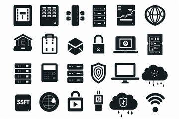 Web hosting icon set. Containing cloud computing, server, domain, firewall, internet, FTP, database, SSL, data hosting and more. Solid vector icons collection vector icon, white background, black colo - obrazy, fototapety, plakaty