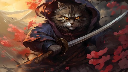 Capture the fierce intensity of a cat with slit-eyed eyes, donning the attire of a ninja, brandishing a sword as it stands amidst a vast field engaged in a relentless battle.  - obrazy, fototapety, plakaty