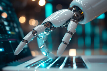 Robot hands point at the laptop screen close up
