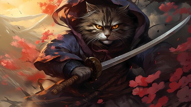 Capture the fierce intensity of a cat with slit-eyed eyes, donning the attire of a ninja, brandishing a sword as it stands amidst a vast field engaged in a relentless battle. 