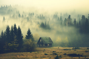 Misty landscape with fir forest and only one house in the middle, in vintage retro style
