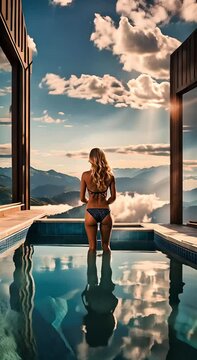 rear view of a woman relaxing in an infinity pool in the alps at sunrise. She is amazed at the fantastic, unreal view. Relaxing vertical video.