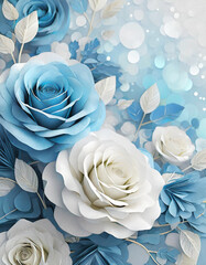 3D Blue and White Roses, Digital Floral Design, Download