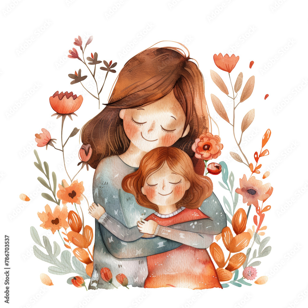 Wall mural Warm Mother and Child Hugging in Spring Flower l Mom and her Kid Love Floral Design l Soft Color Lovely Mood Clipart Transparent Background l Cute Family Mum and Children for Summer Fall Autumn 