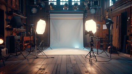 A studio with a white backdrop and three lights - obrazy, fototapety, plakaty