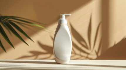 A bottle of lotion sits on a table in front of a plant - obrazy, fototapety, plakaty