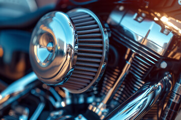 Chromed motorcycle engine components close up
