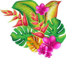 jungle flower,leaves  tropic set. isolated elements. Palm leaf, monstera, pink plumeria flower,hibiscus blossom, exotic tropical summer flowers and leaves. - 786703907