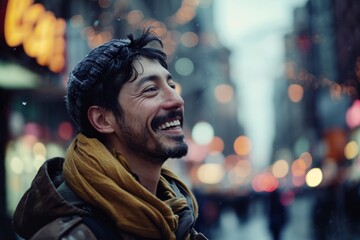 young happy and attractive Asian Chinese man with beard and mustache smiling cheerful and excited walking in New York city street at beautiful winter holidays in holidays concept - Powered by Adobe